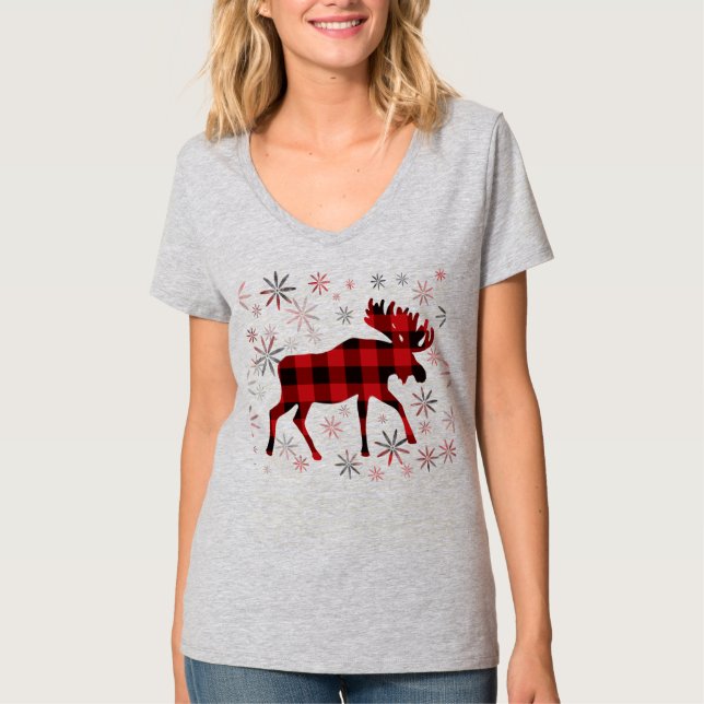 Christmas Moose red plaids snowflakes T-Shirt (Front)