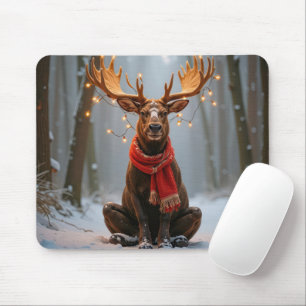 Christmas Moose Wearing Scarf and Lights Mouse Pad