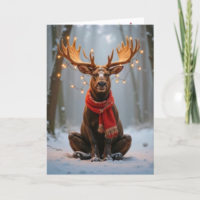 Christmas Moose With Holiday Lights Card (Front)