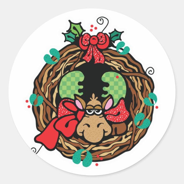 christmas moose wreath design classic round sticker (Front)