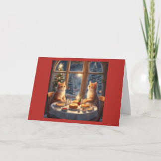 Christmas Morning Breakfast two Cats eat pancakes Card