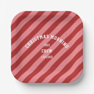 Christmas Morning Crew Red Pink Candy Stripes Paper Plate