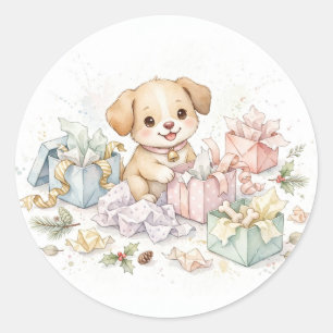Christmas Morning Puppy Classic Round Sticker
