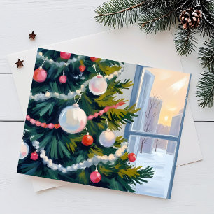 Christmas Morning   Watercolor Tree Ornaments Holiday Postcard