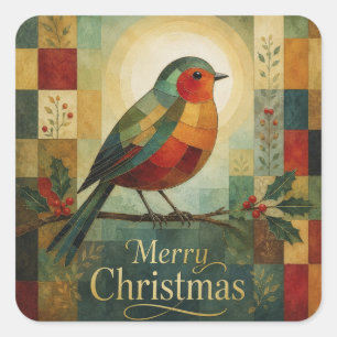 Christmas Mosaic Robin Bird Holly Berry Square Sticker
