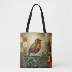 Christmas Mosaic Robin Bird Holly Berry Tote Bag