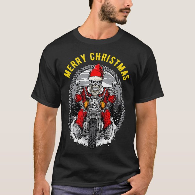 Christmas Motorcycle Santa Claus Biker Rider Skull T-Shirt (Front)