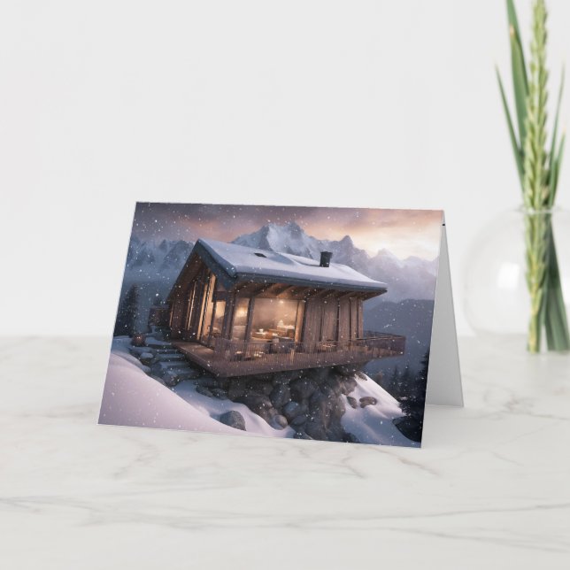 Christmas Mountain Cabin In Snowflakes Holiday Card (Front)