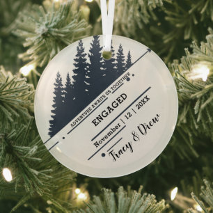 Christmas Mountain Pine Trees Couple Engaged Black Glass Tree Decoration