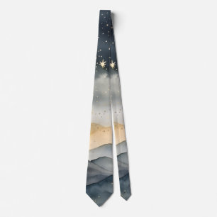 Christmas Mountain Sky Stars Blue Grey Tie