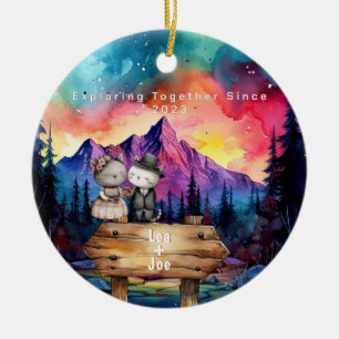 Christmas Mountain Watercolor Newlywed Couple Ceramic Tree Decoration