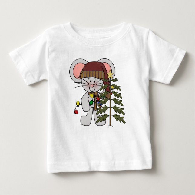 Christmas Mouse Decorating Tree Baby T-Shirt (Front)