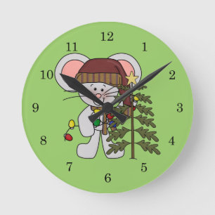 Christmas Mouse Decorating Tree Round Clock