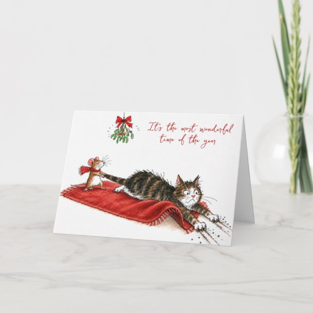 Christmas Mouse Dragging a Cat Under a Mistletoe Card (Front)