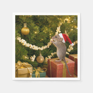 Christmas Mouse Eating Popcorn Garland on Tree Napkin
