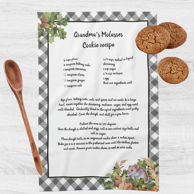 Christmas Mouse Holy Recipe Keepsake Grey Plaid  Tea Towel (Creator Uploaded)