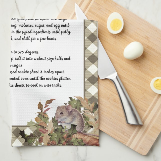 Christmas Mouse Holy Recipe Keepsake Tan  Plaid  Tea Towel (Quarter Fold)