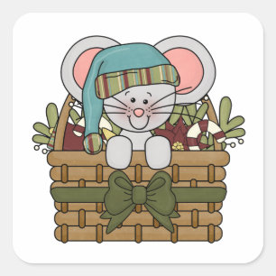 Christmas Mouse in Basket Square Sticker
