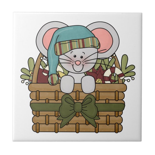 Christmas Mouse in Basket Tile (Front)