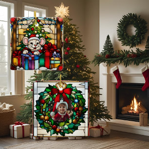 Christmas Mouse in Presents Faux Stained Glass Ceramic Ornament