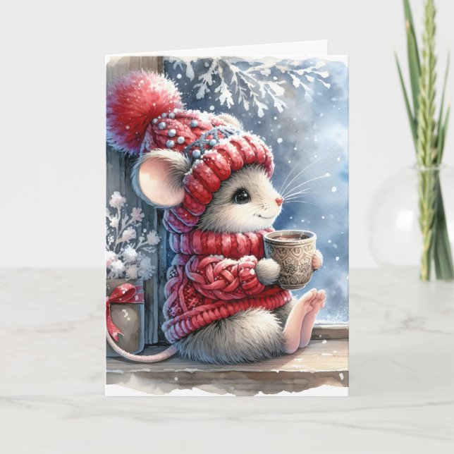 Christmas Mouse In Window With Hot Cocoa Card (Front)