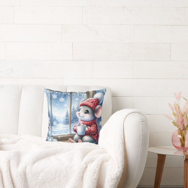 Christmas Mouse In Window With Hot Cocoa Cushion (Couch)