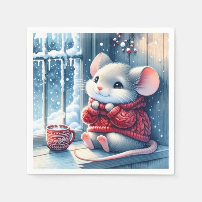 Christmas Mouse In Winter Window Napkin (Front)