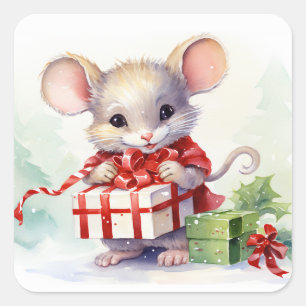 Christmas Mouse On White Square Sticker