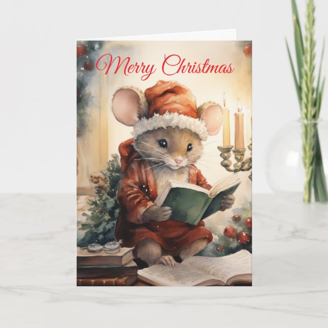 Christmas Mouse reading Holiday Card (Front)