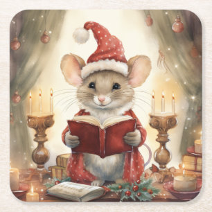 Christmas Mouse reading Square Paper Coaster