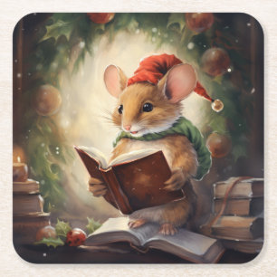 Christmas Mouse reading Square Paper Coaster