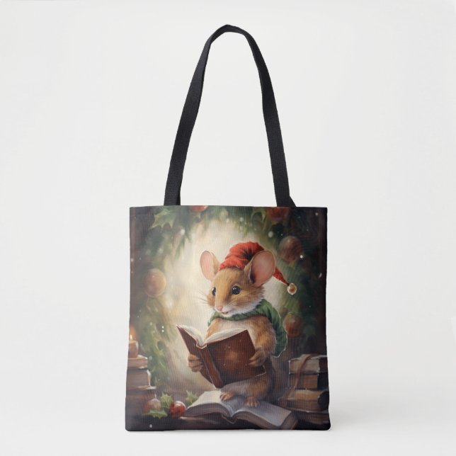 Christmas Mouse reading Tote Bag (Front)