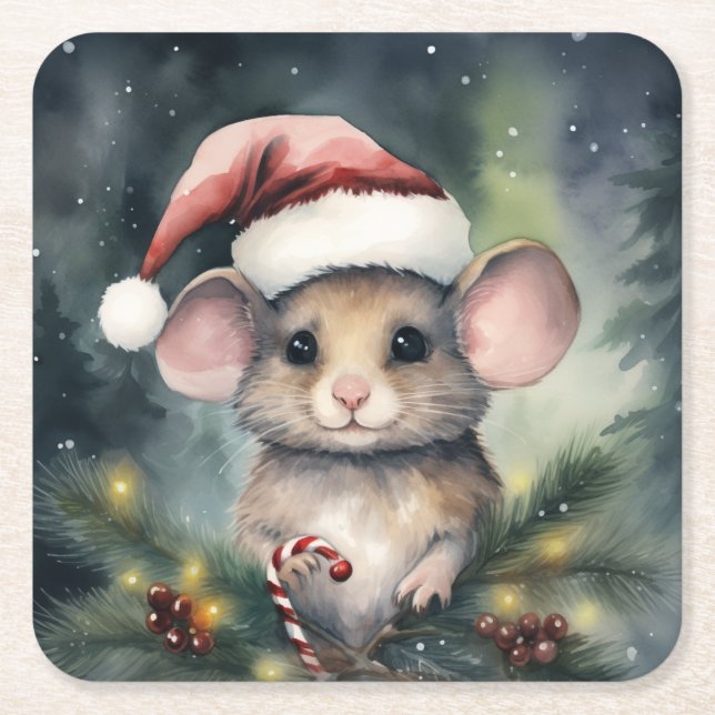 Christmas Mouse Square Paper Coaster (Front)
