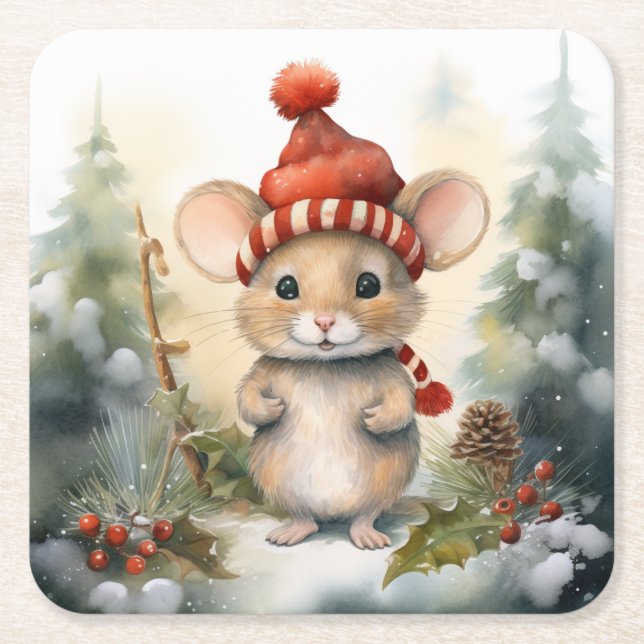 Christmas Mouse Square Paper Coaster (Front)