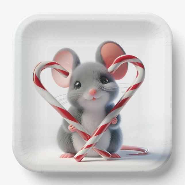 Christmas Mouse With Candy Cane Heart Paper Plate (Front)
