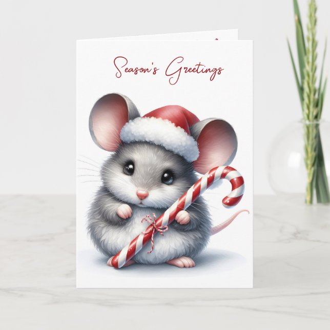 Christmas Mouse With Candy Cane Holiday Card (Front)