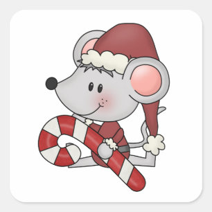 Christmas Mouse With Candy Cane Square Sticker