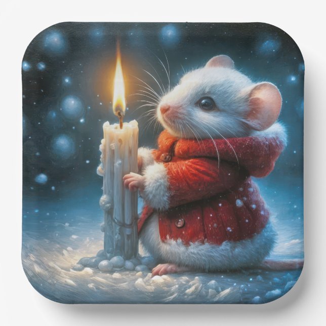 Christmas Mouse With Glowing Candle Paper Plate (Front)