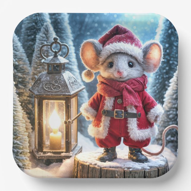 Christmas Mouse With Glowing Lantern Paper Plate (Front)