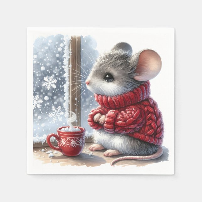 Christmas Mouse With Steaming Hot Cocoa Napkin (Front)