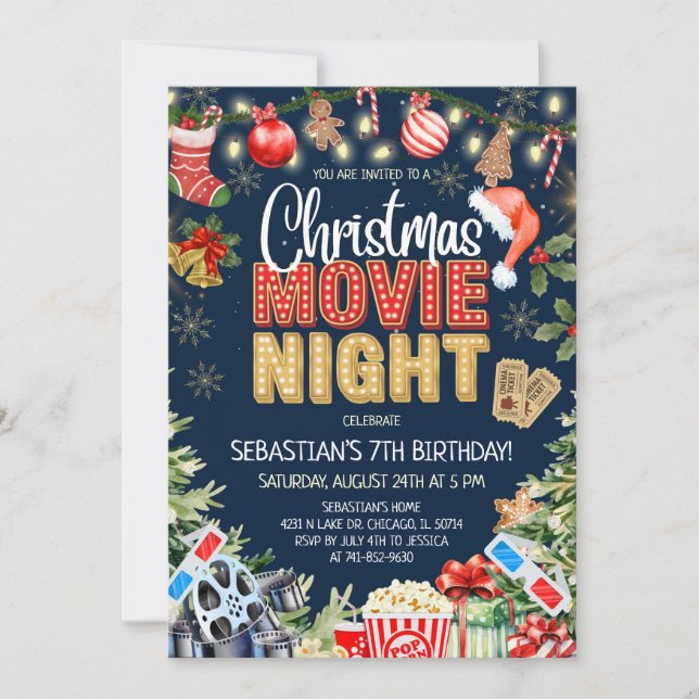Christmas Movie Night Birthday Invitation (Front)