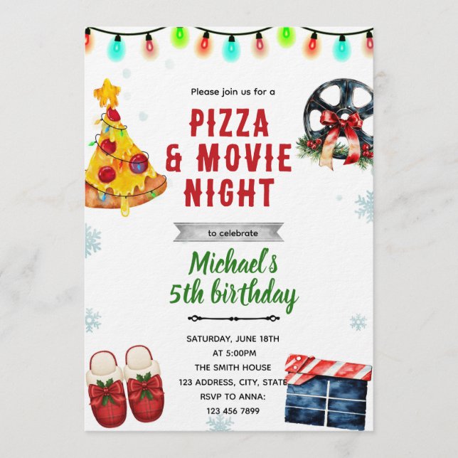 Christmas Movie Pizza and Pajama Party Invitation (Front)