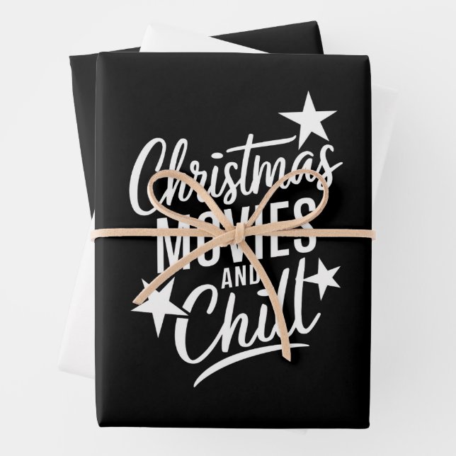 Christmas Movies And Chill Family Xmas Gift Wrapping Paper Sheet (In situ)