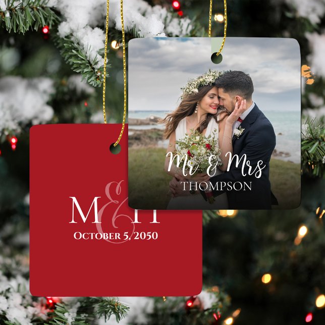 Christmas Mr and Mrs Elegant Photo Calligraphy Ceramic Ornament (Elegant Mr and Mrs Christmas photo ornament with simple calligraphy couple design.)