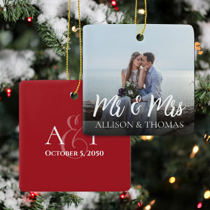 Christmas Mr and Mrs Photo Elegant Calligraphy Ceramic Ornament