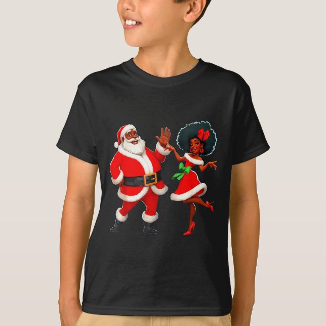 Christmas Mr Santa Mrs Claus Dancing African Ameri T-Shirt (Front)