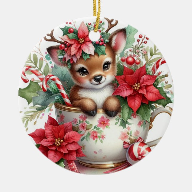 Christmas Mug Reindeer 6 Ceramic Tree Decoration (Front)