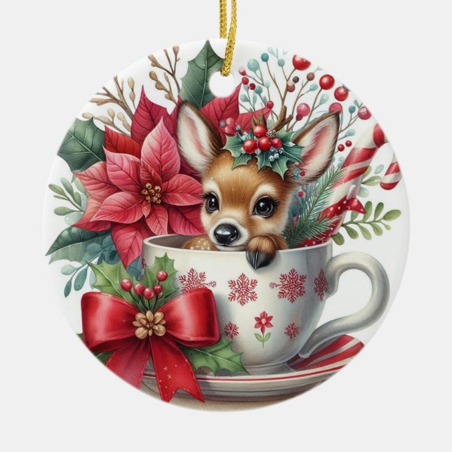 Christmas Mug Reindeer 7 Ceramic Tree Decoration (Front)