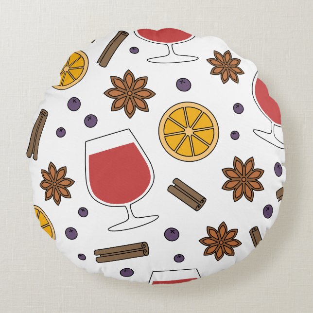 Christmas mulled spicy red wine round cushion (Front)