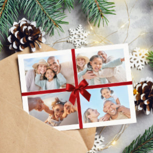 CHRISTMAS MULTI PHOTO modern gift red ribbon bow Holiday Card